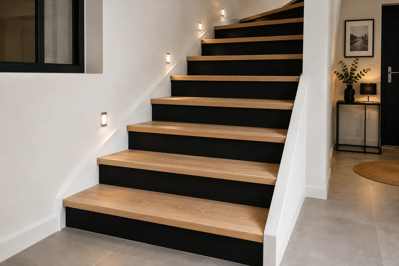 Escalier intérieur rénové avec un recouvrement bois et des contremarches noires