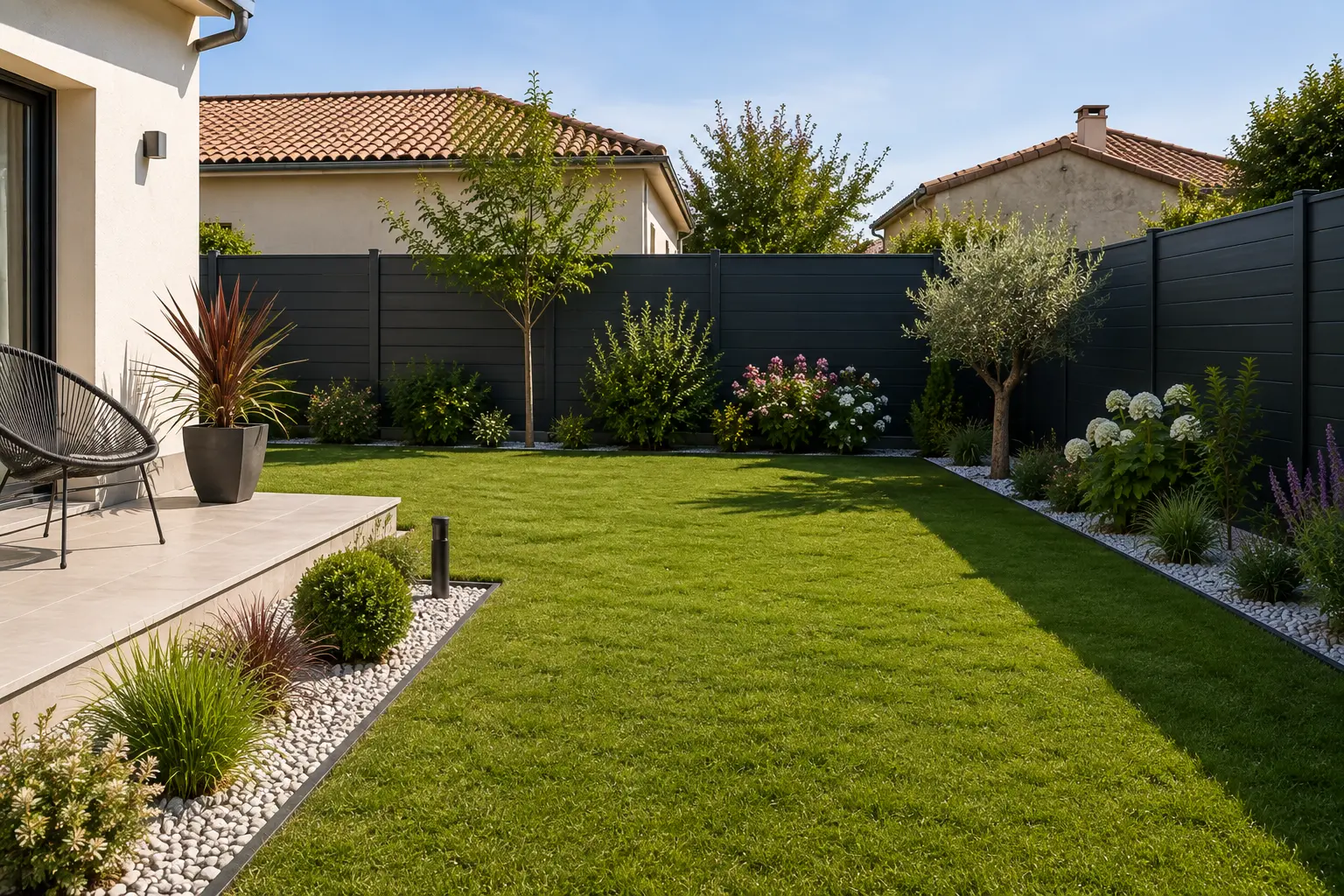 Jardin paysager terminé avec terrasse en bois et massifs plantés