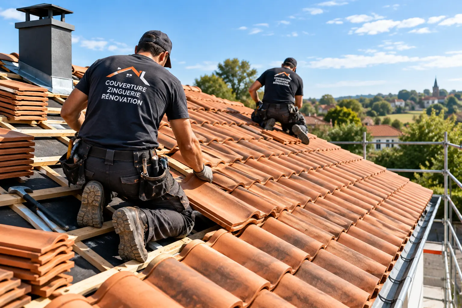 Couvreurs posant des tuiles sur le toit d'une maison