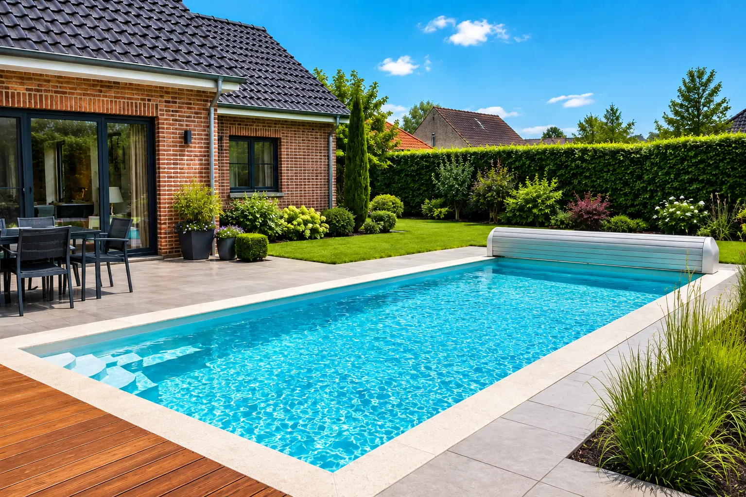 Piscine enterrée avec volet roulant et terrasse bois