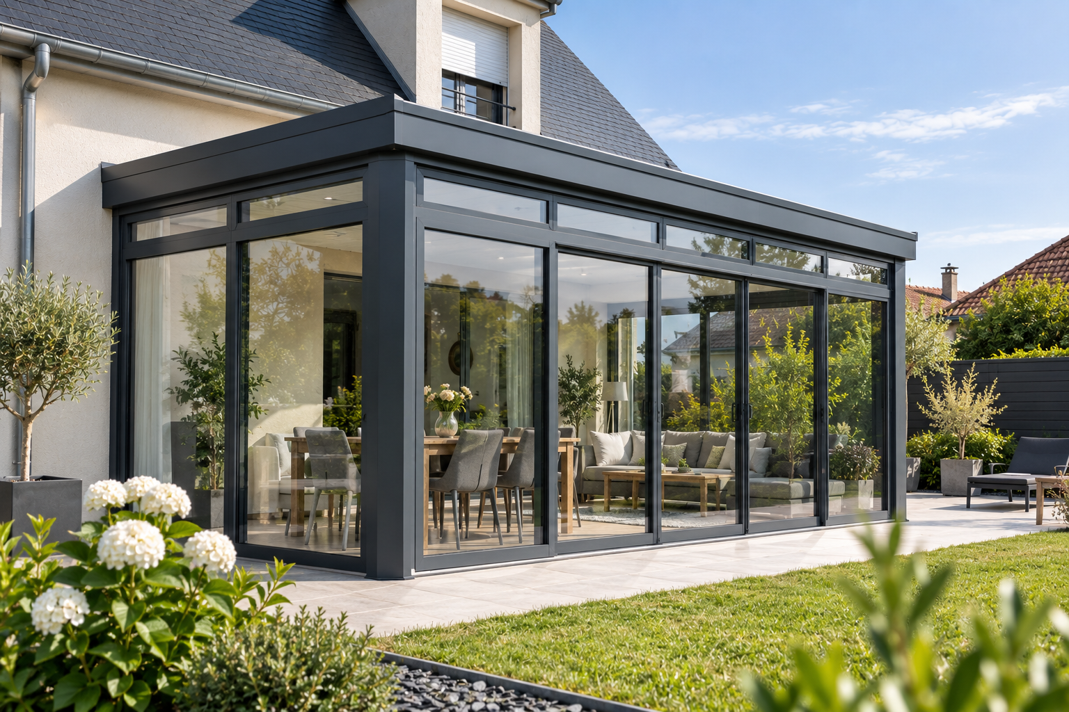 Véranda en aluminium et verre adossée à une maison avec vue sur le jardin