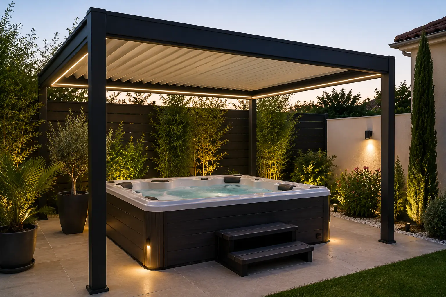 Spa extérieur installé sur la terrasse en bois d'une maison