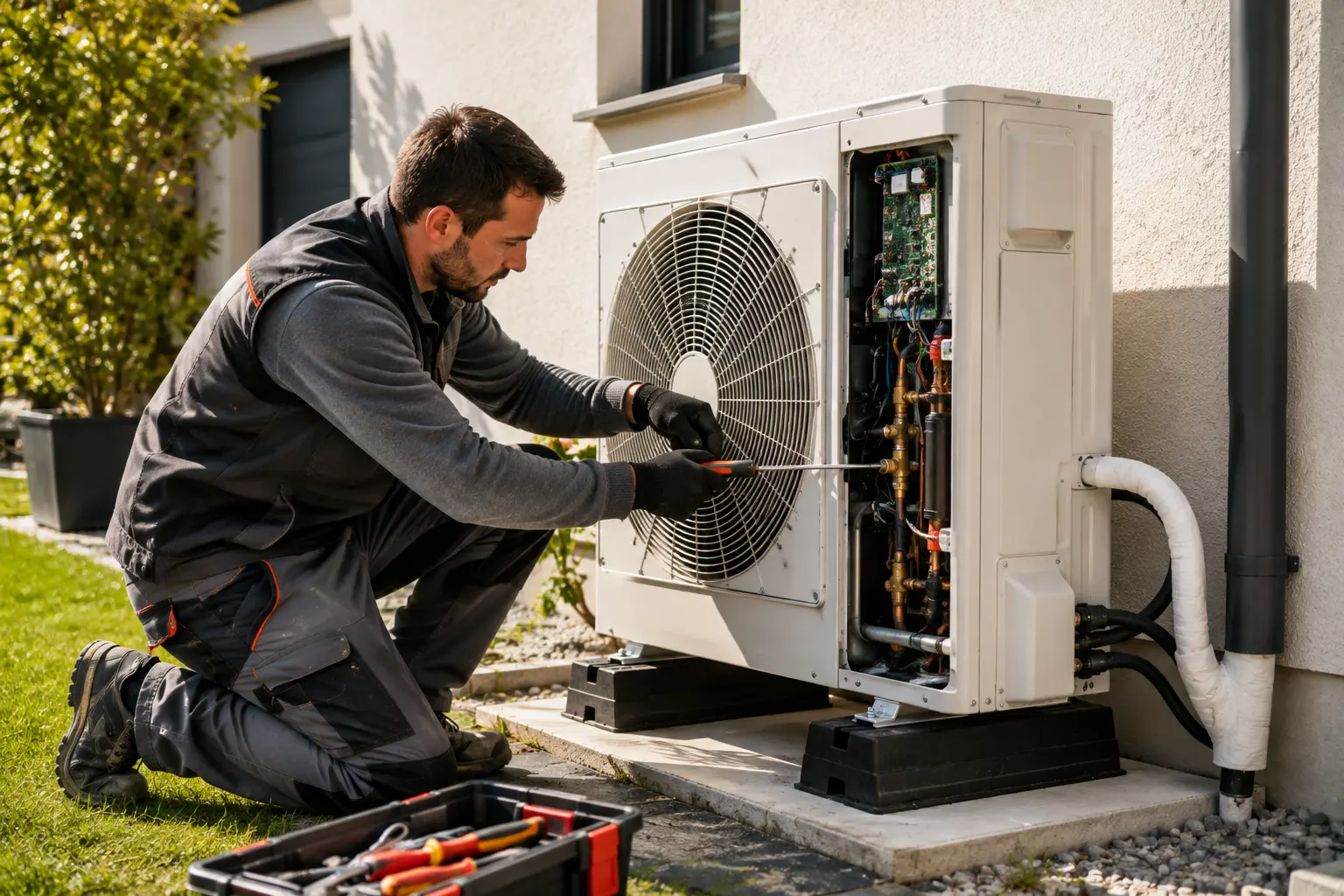 Technicien installant une unité extérieure de pompe à chaleur