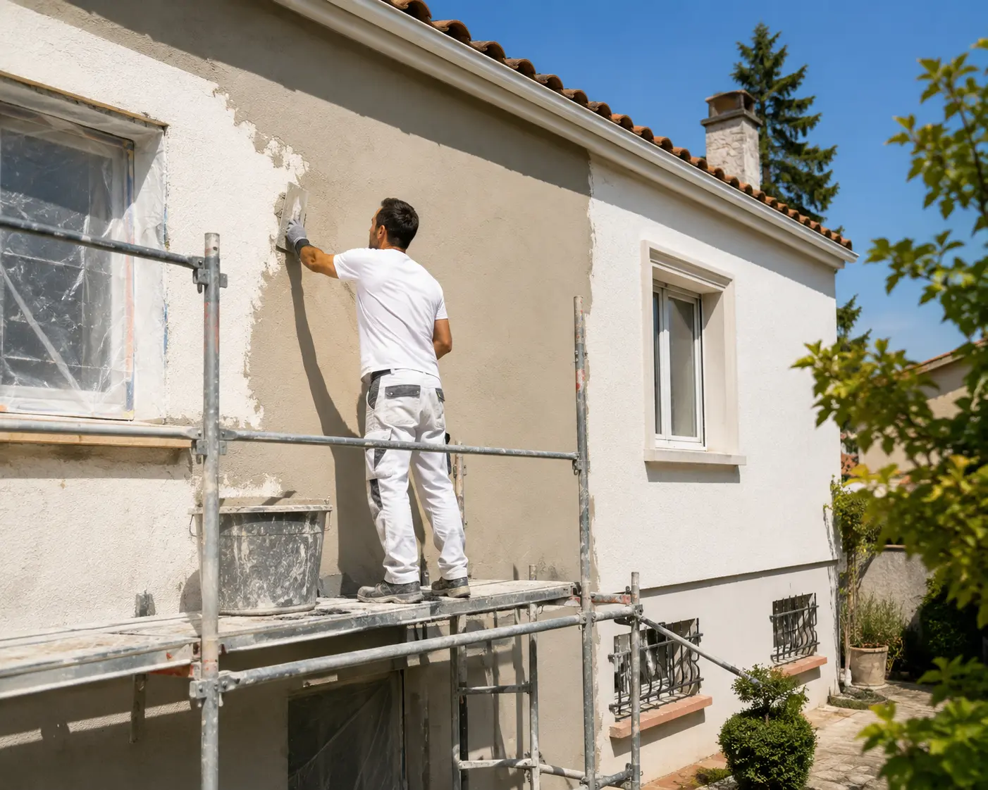 Façadiers sur un échafaudage rénovant la façade d'une maison