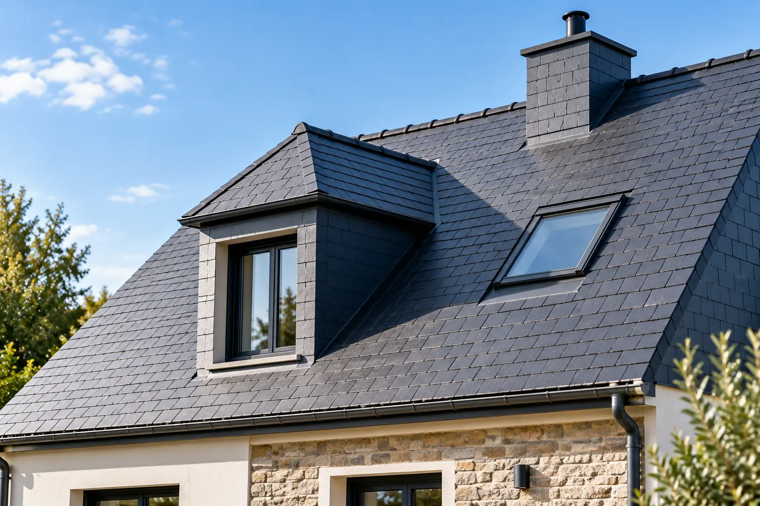 Toiture en tuiles rouges sur une maison neuve, ciel bleu clair
