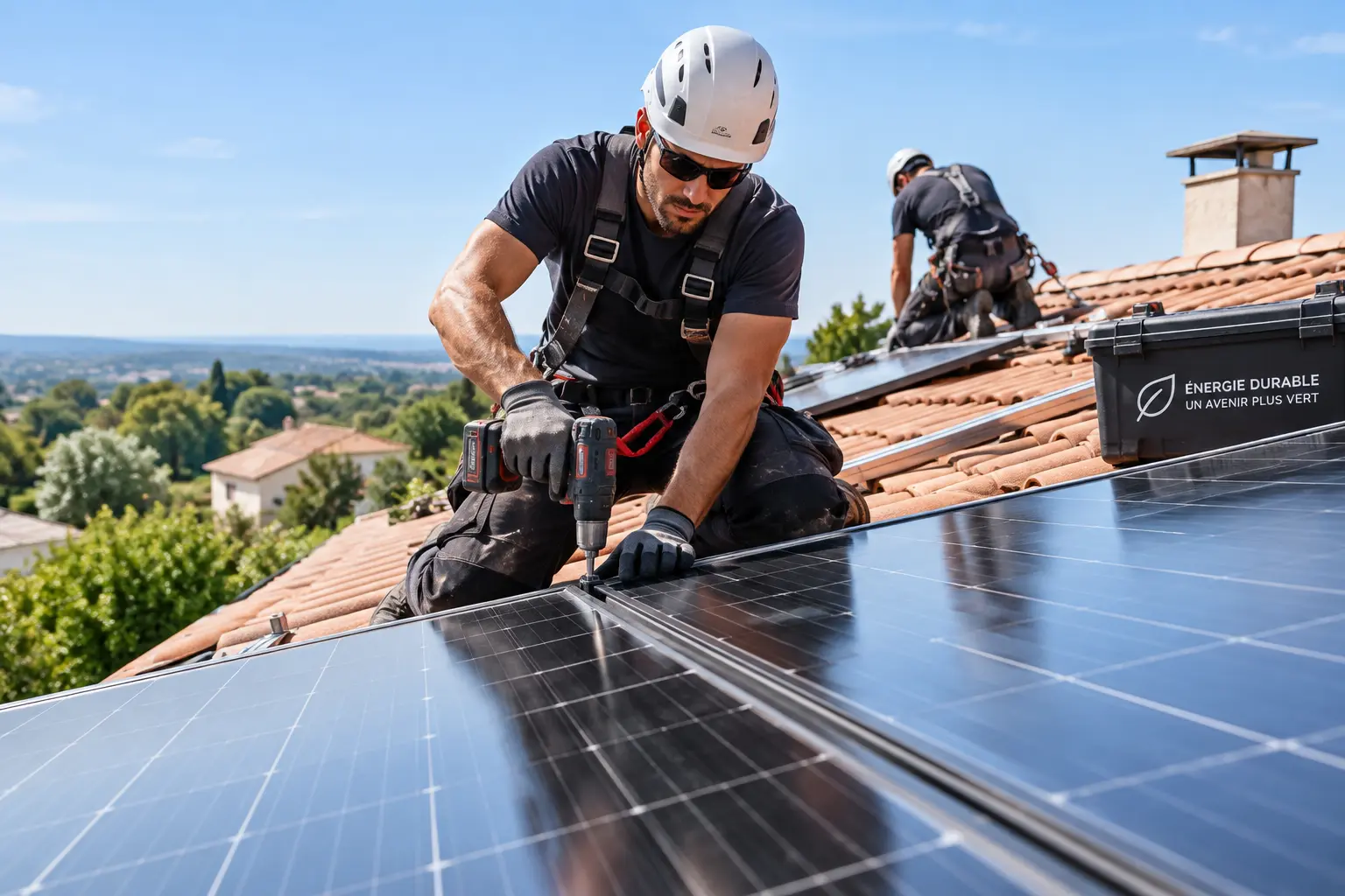 Techniciens installant des panneaux photovoltaïques sur un toit