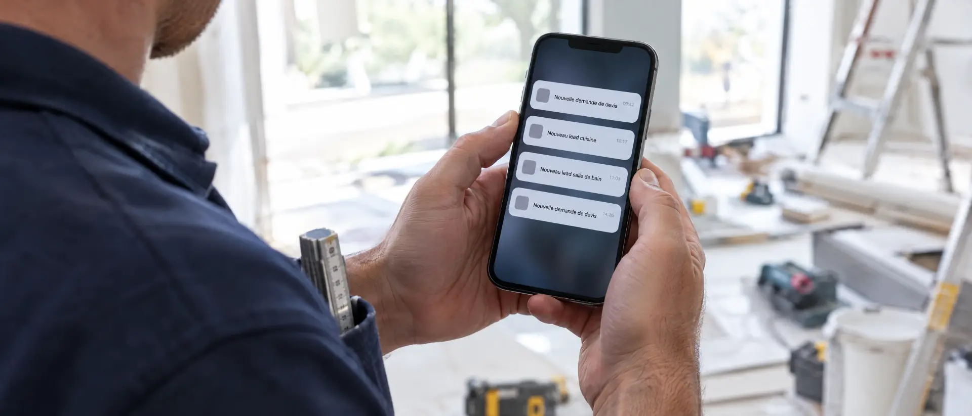 Artisan consultant sur son téléphone des notifications de nouvelles demandes de devis et de leads, debout sur un chantier