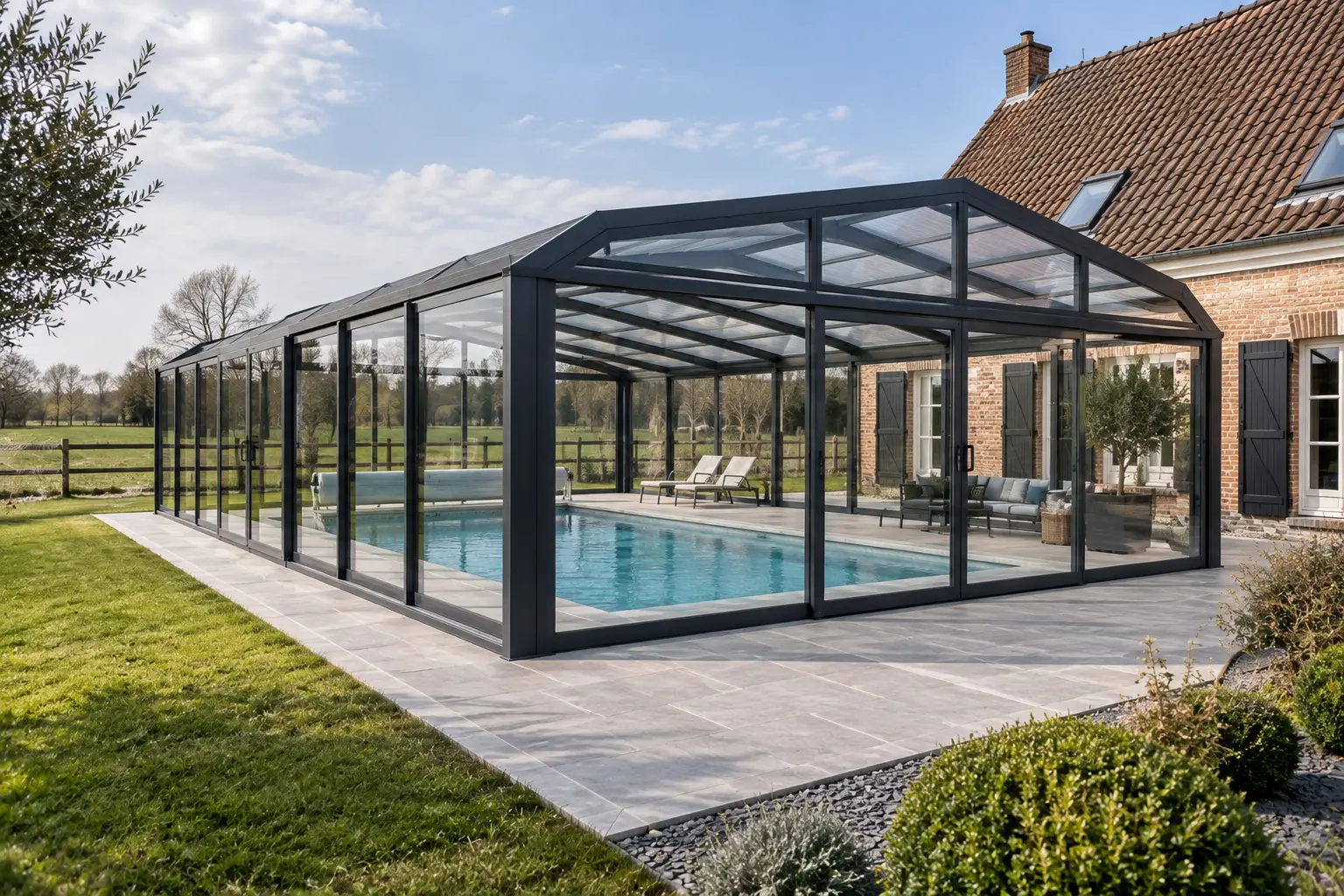 Abri de piscine haut vitré installé autour d'un bassin