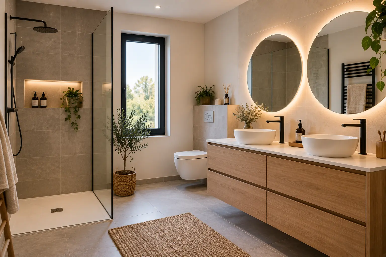 Salle de bain rénovée avec douche à l'italienne et vasque