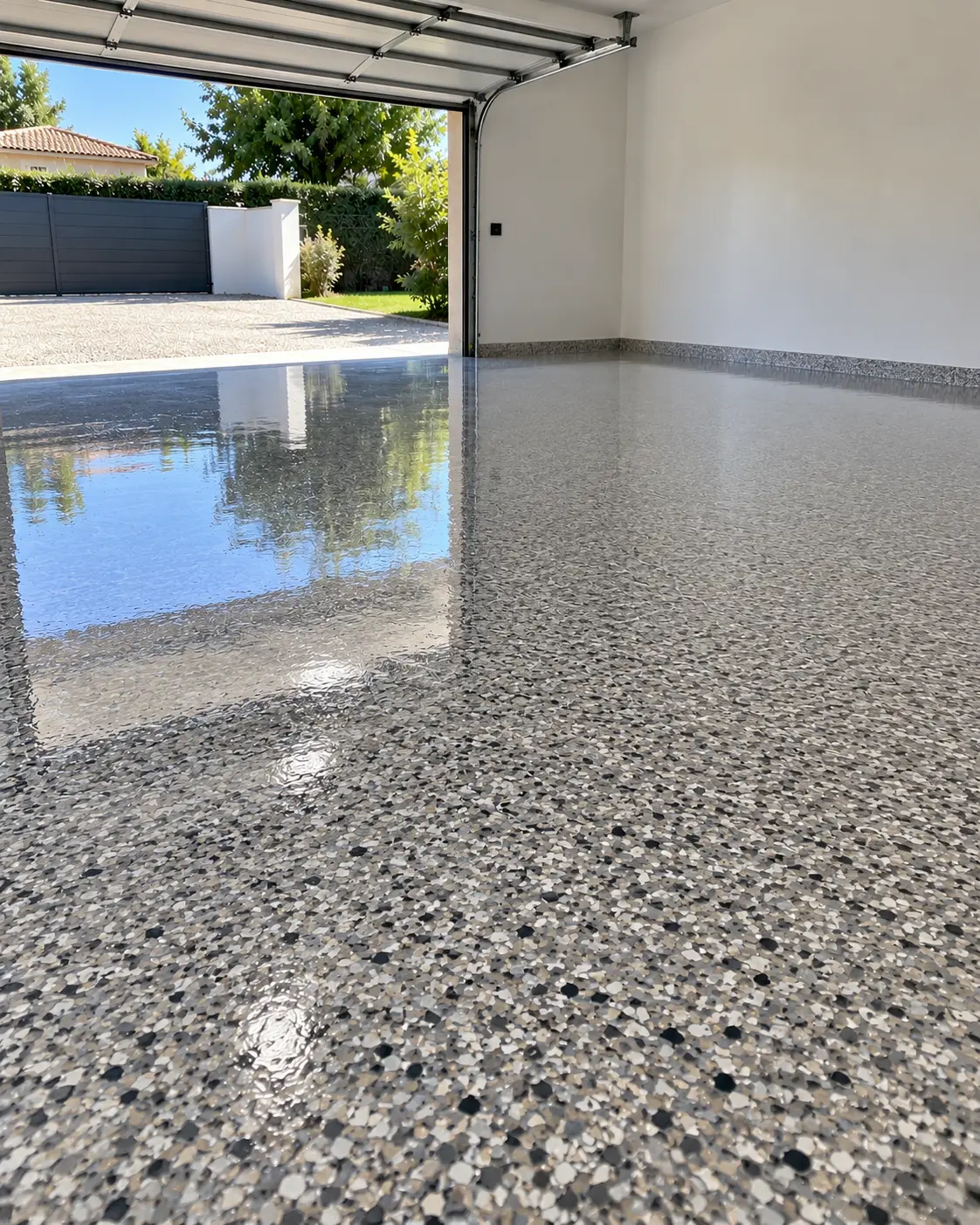 Garage moderne au sol époxy brillant à flocons décoratifs, porte ouverte sur une allée ensoleillée