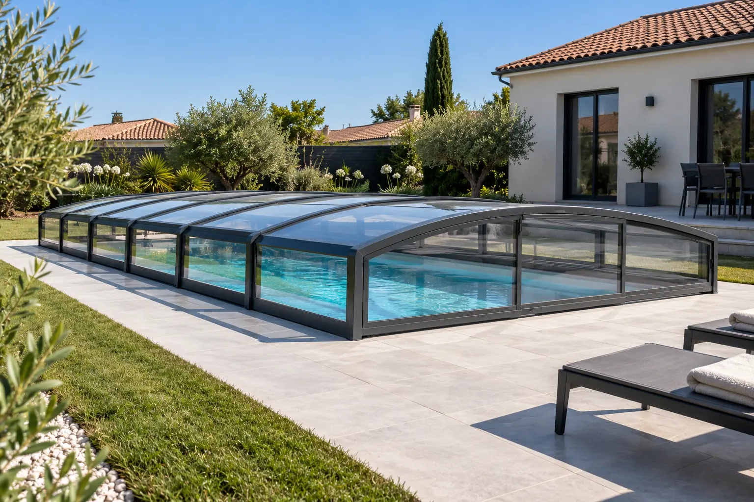 Abri de piscine bas télescopique en aluminium sur un bassin de jardin