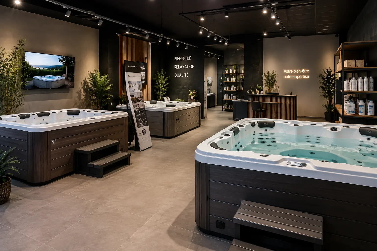 Spa encastré dans une terrasse de jardin, eau en mouvement