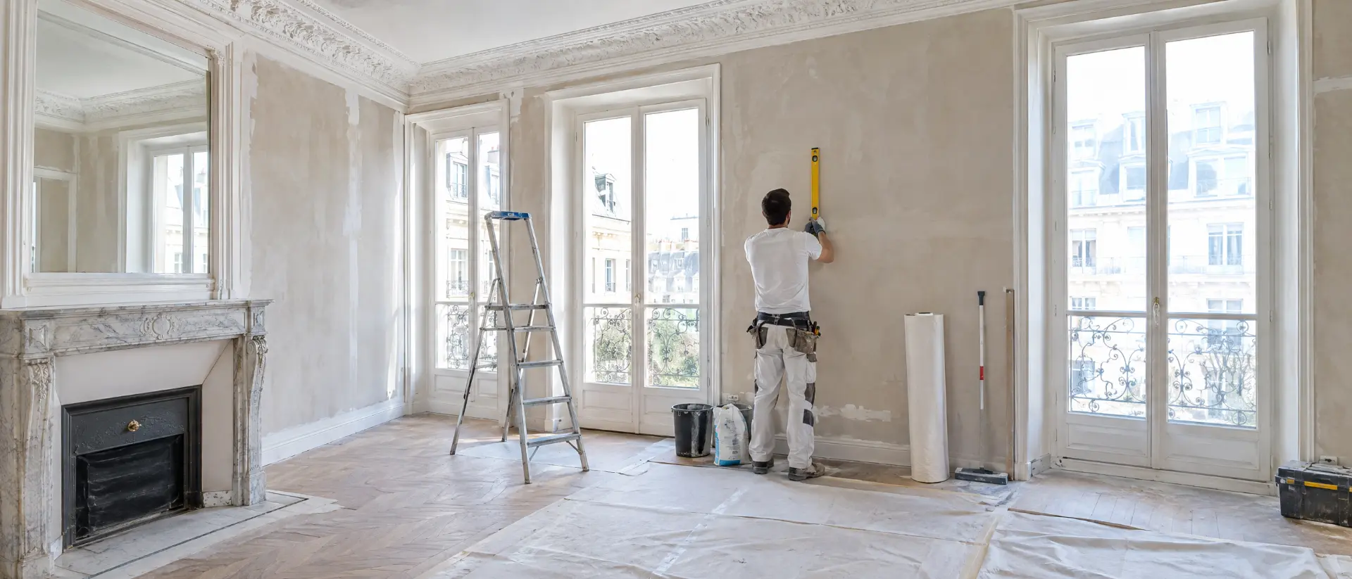 Artisan appliquant un enduit sur les murs d'une pièce haussmannienne en rénovation, échelle et matériaux de chantier autour de lui