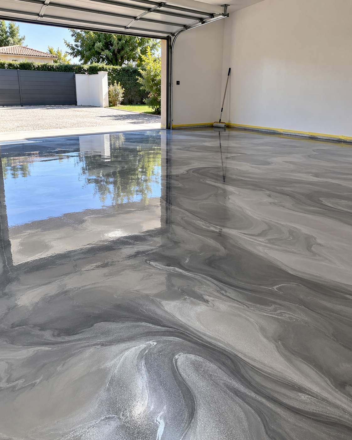 Garage contemporain au sol résine métallique effet marbré gris argenté, finition très brillante reflétant le ciel et la porte ouverte