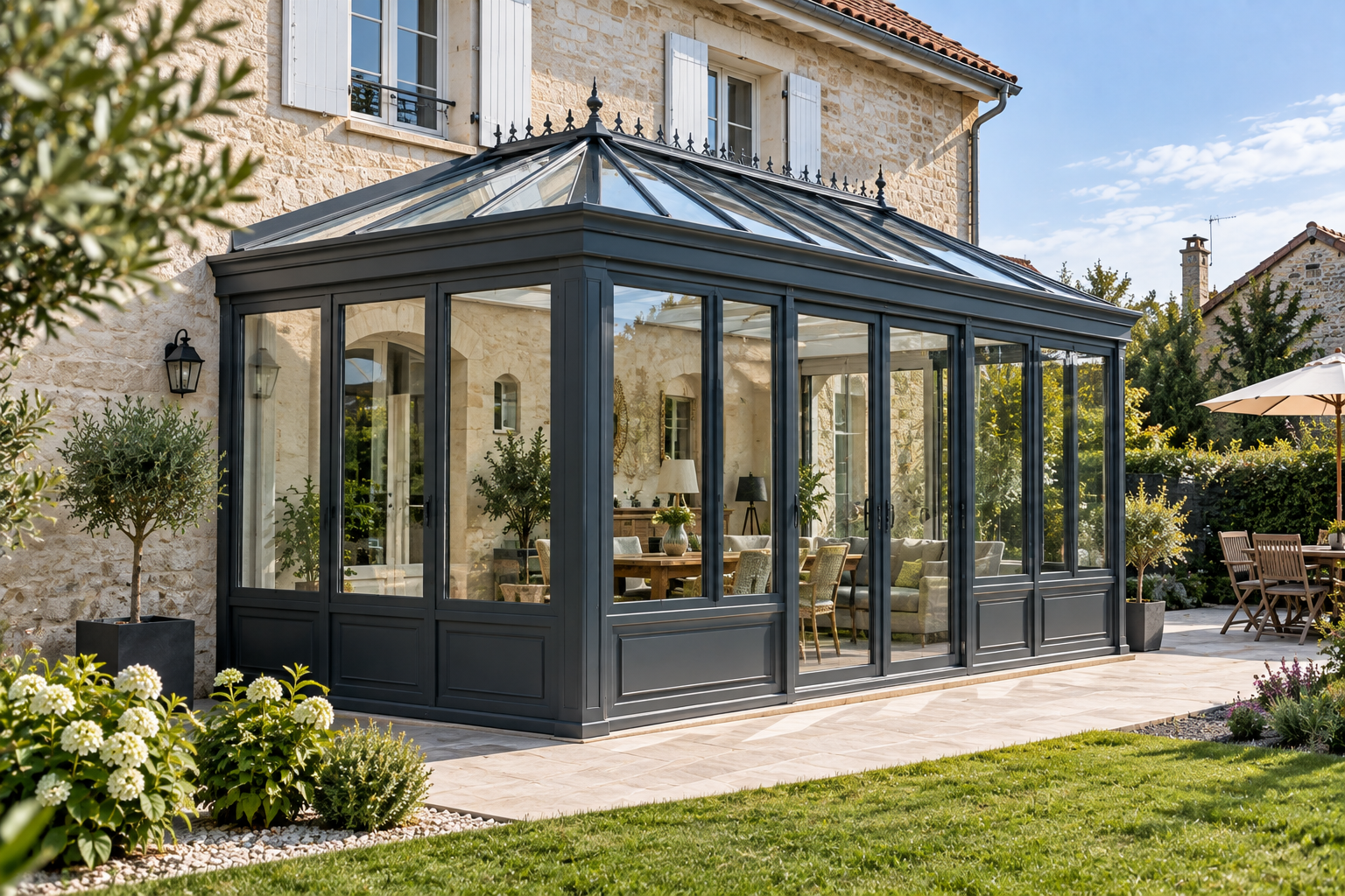 Poseurs montant la structure aluminium d'une véranda contre une maison