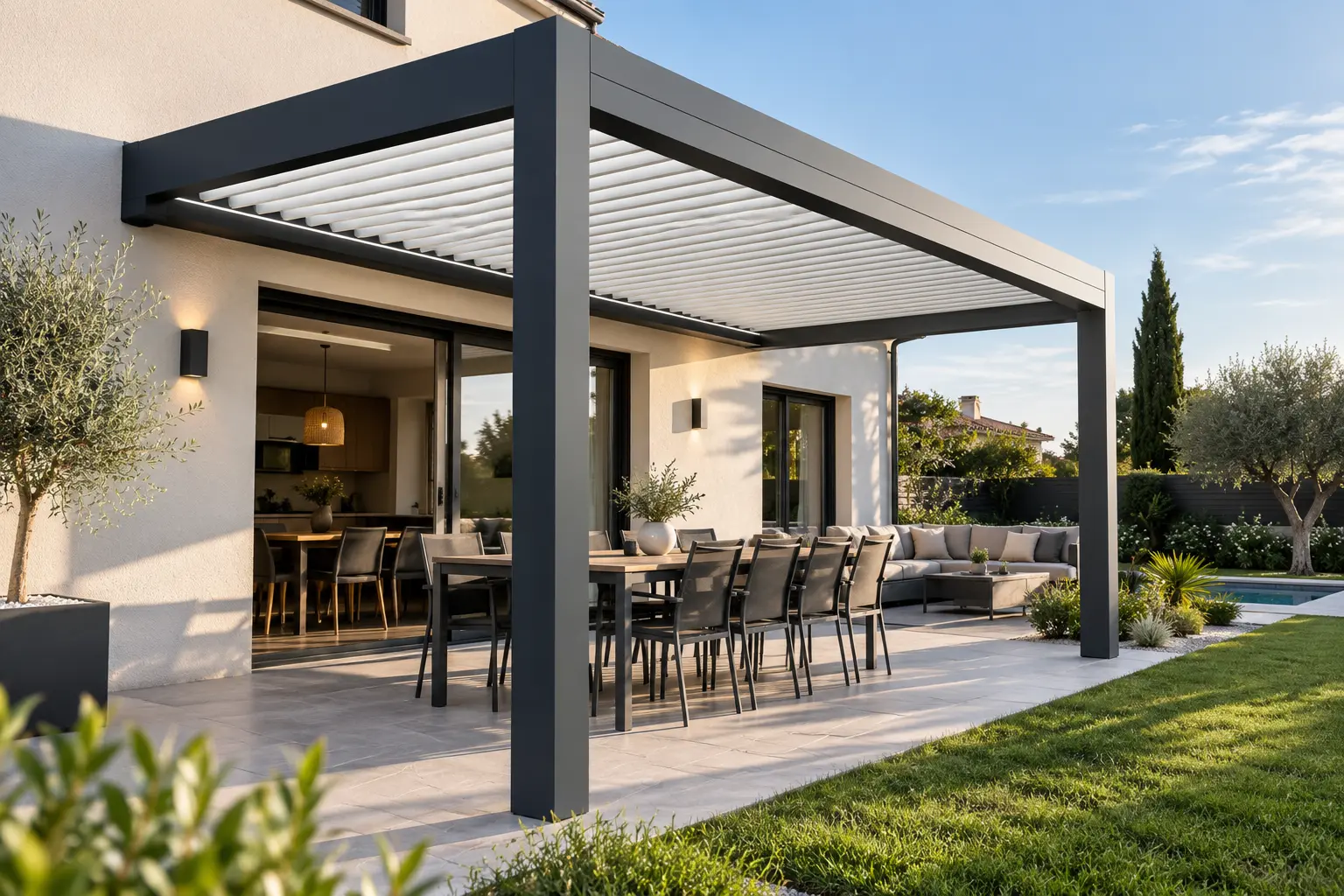 Poseurs assemblant la structure aluminium d'une pergola sur une terrasse