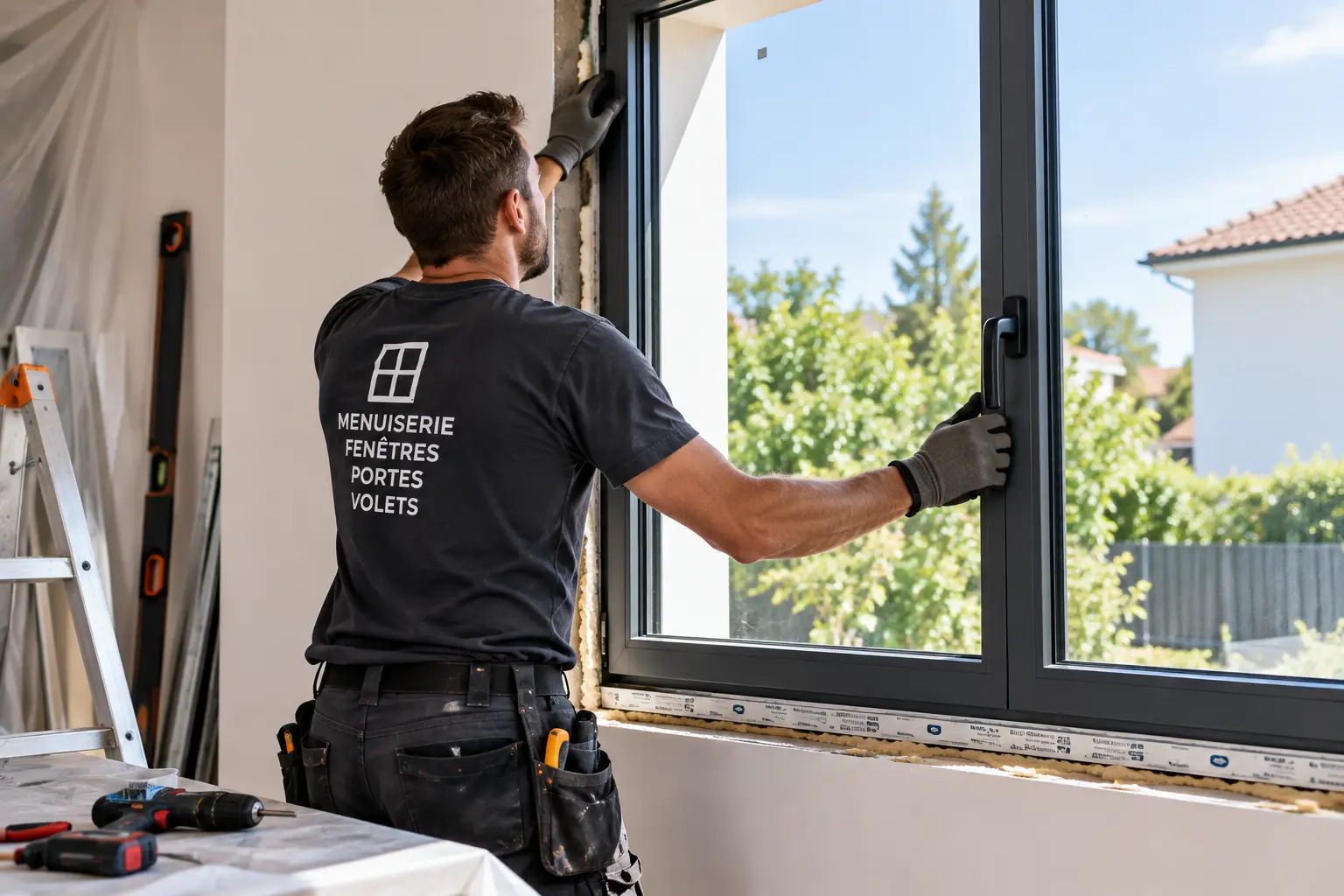 Menuisier posant une fenêtre dans une ouverture de maison