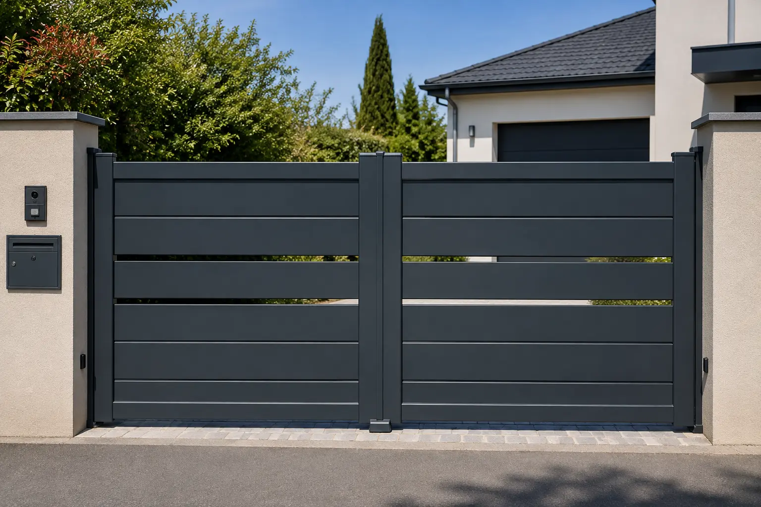 Portail aluminium anthracite installé à l'entrée d'une maison individuelle