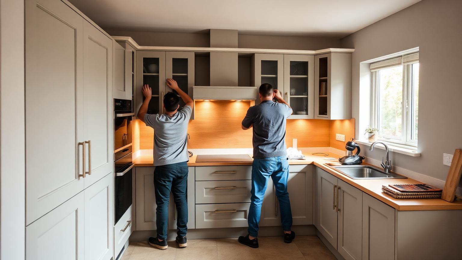 Poseurs installant des meubles hauts dans une cuisine équipée
