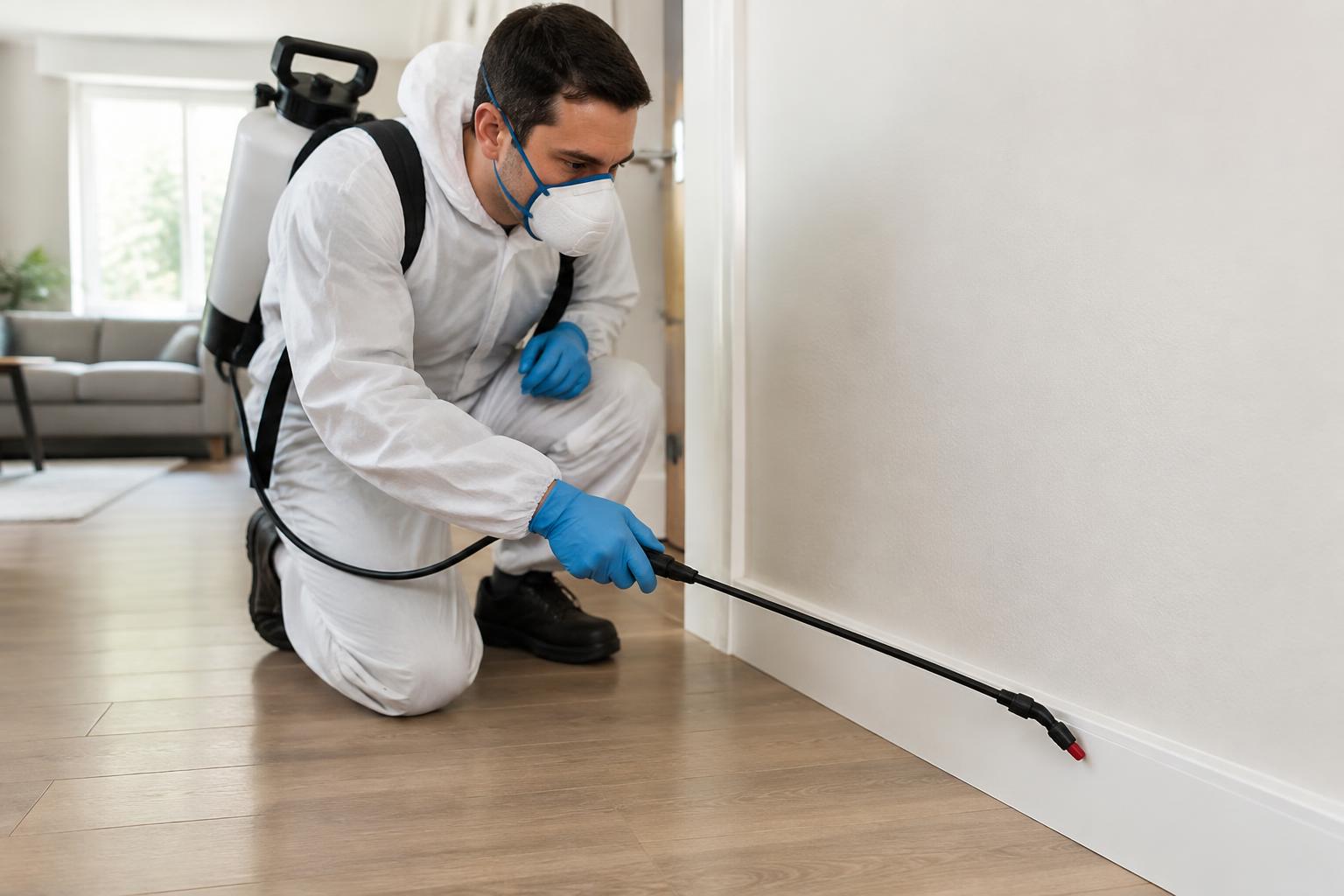 Technicien 3D en combinaison appliquant un traitement de désinsectisation dans une maison