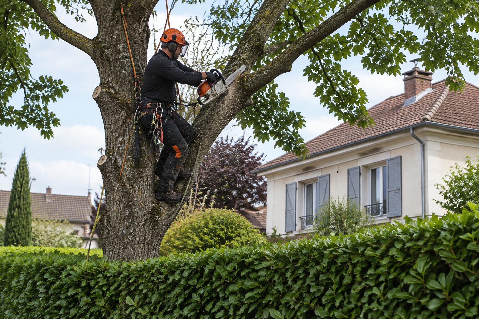Élagueur en harnais taillant un grand arbre dans le jardin d'une maison