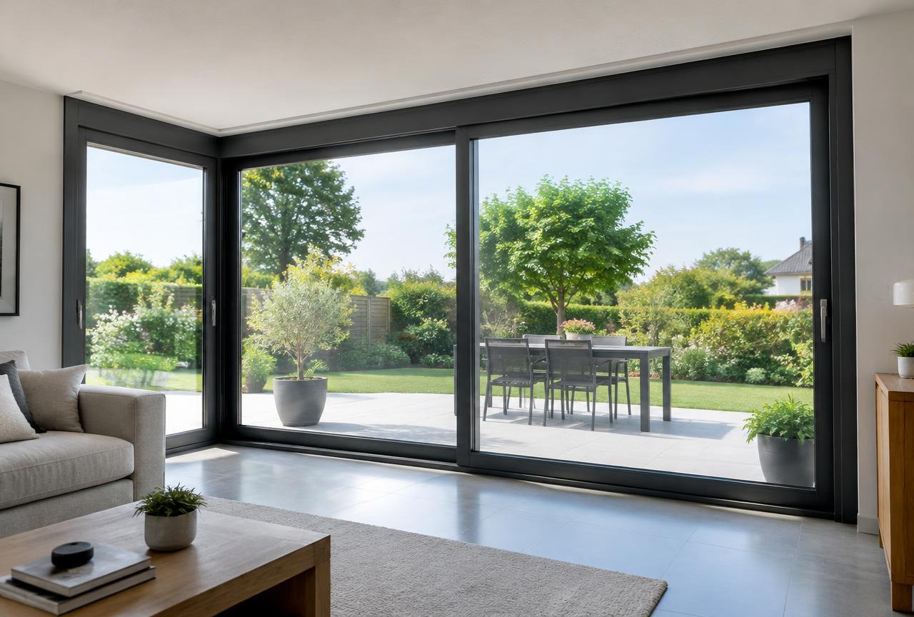 Grande baie vitrée coulissante en aluminium ouverte sur une terrasse