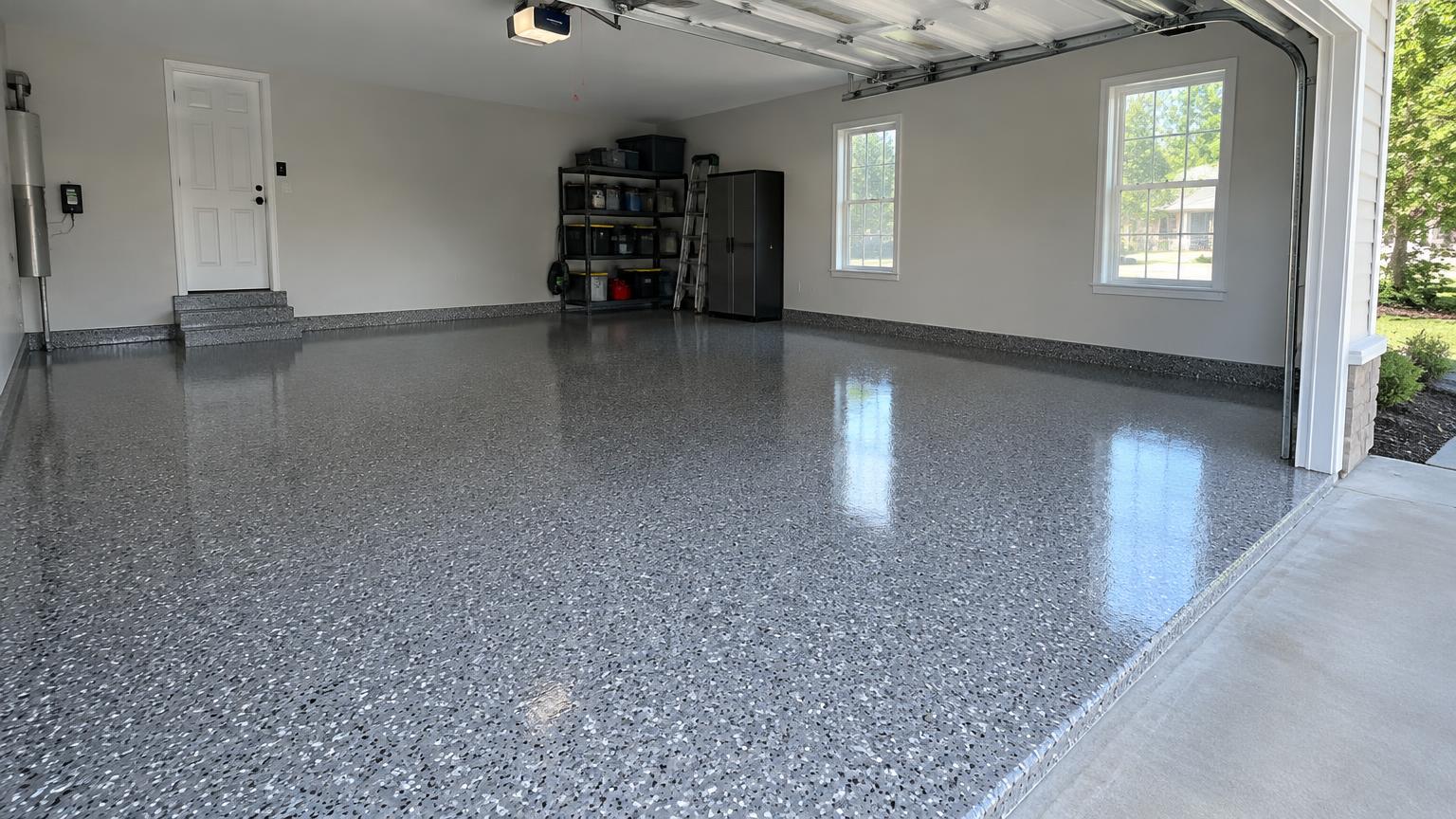Plancher de garage double avec revêtement époxy à flocons gris et finition brillante