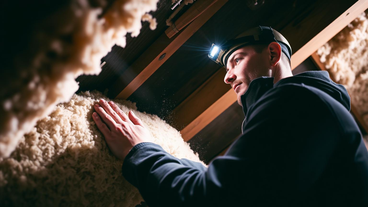 Artisan posant de la laine isolante dans des combles