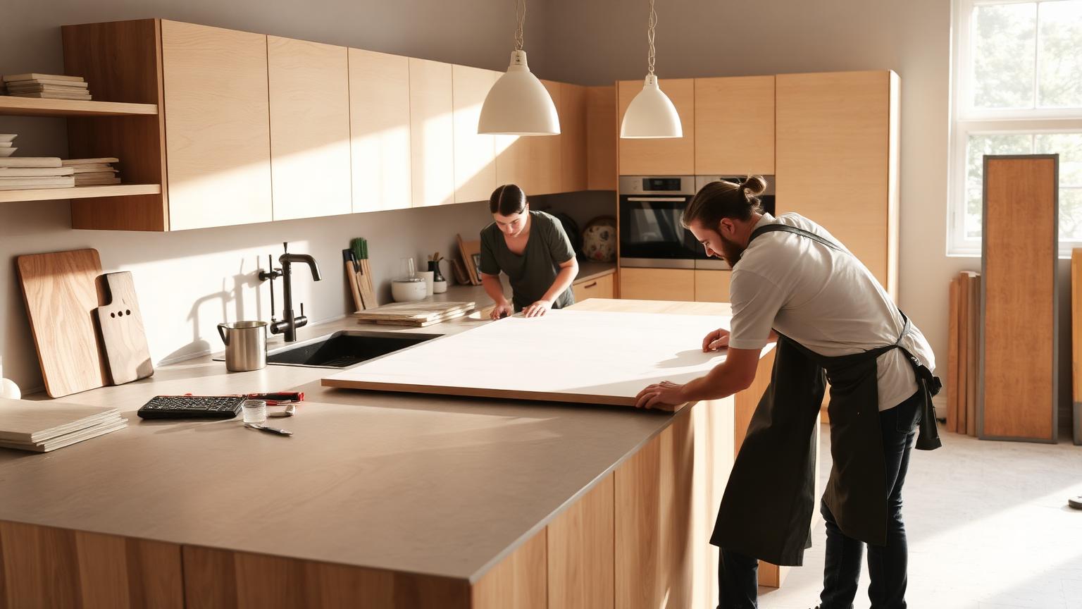 Cuisinistes posant un plan de travail lors d'un chantier de cuisine équipée