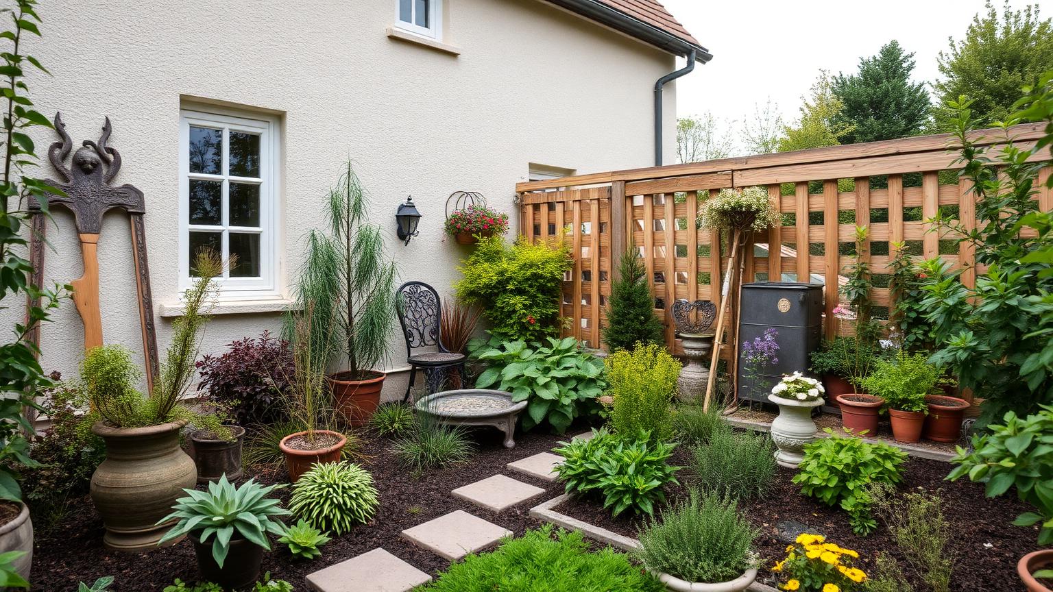Jardin paysager terminé avec terrasse en bois et massifs plantés