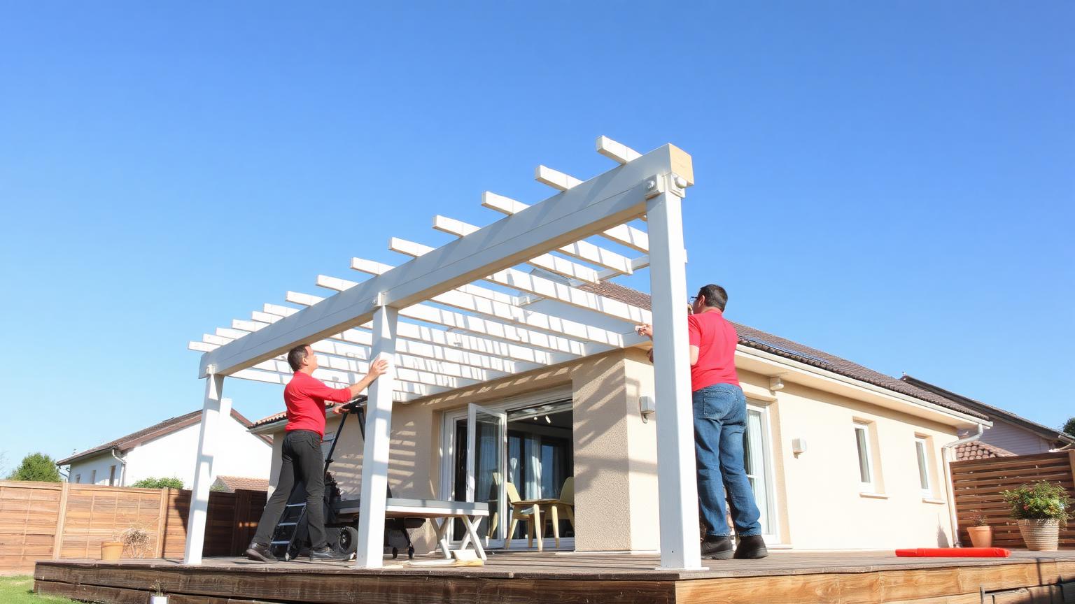 Poseurs assemblant la structure aluminium d'une pergola sur une terrasse