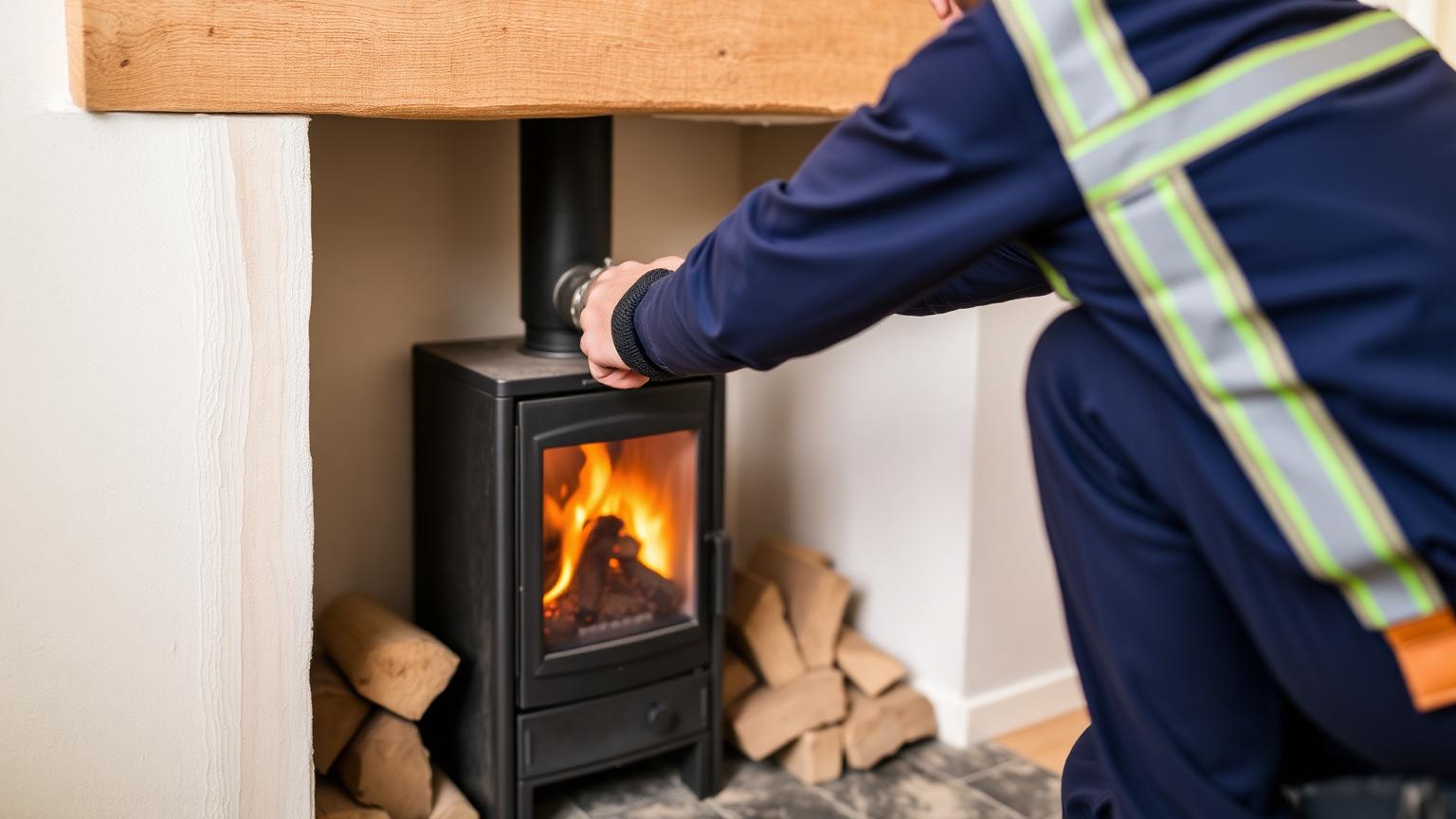 Installateur raccordant le conduit de fumée d'un poêle à bois