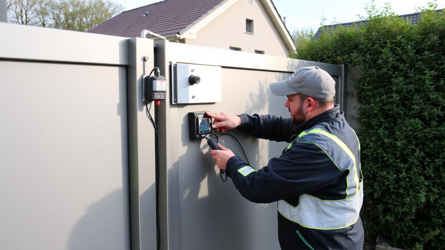 Technicien réglant la motorisation d'un portail en aluminium