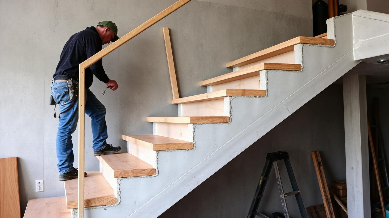 Artisan posant des marches en bois sur un escalier béton