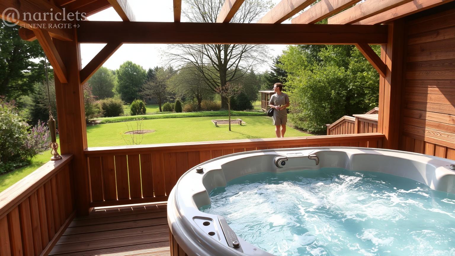 Spa encastré dans une terrasse de jardin, eau en mouvement