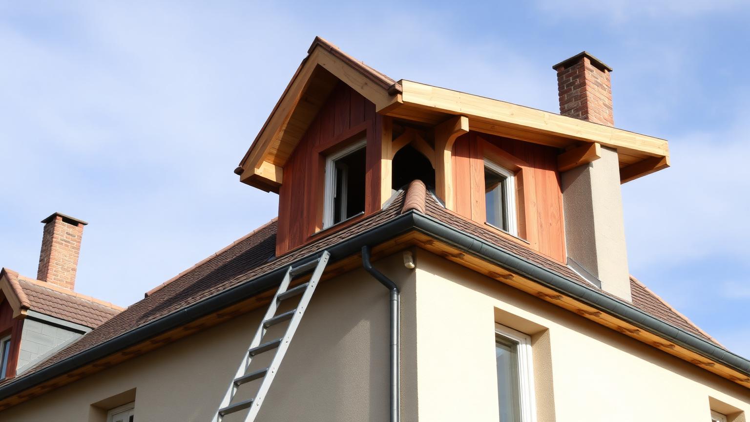 Chantier de rénovation de toiture avec échelle posée sur le rampant