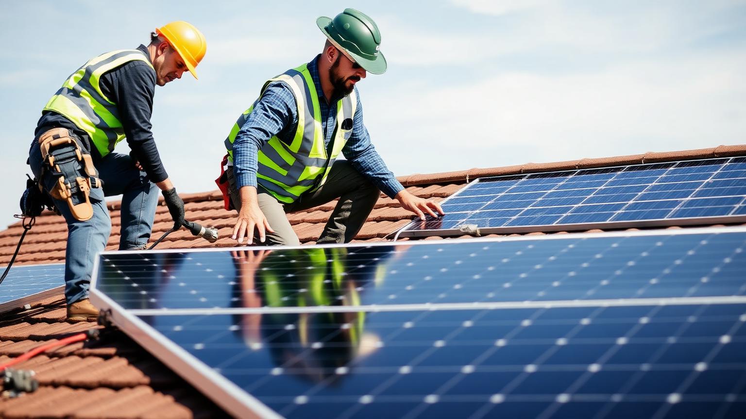 Techniciens installant des panneaux photovoltaïques sur un toit