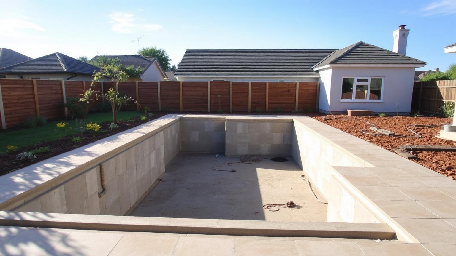 Chantier de piscine enterrée dans le jardin d'une maison
