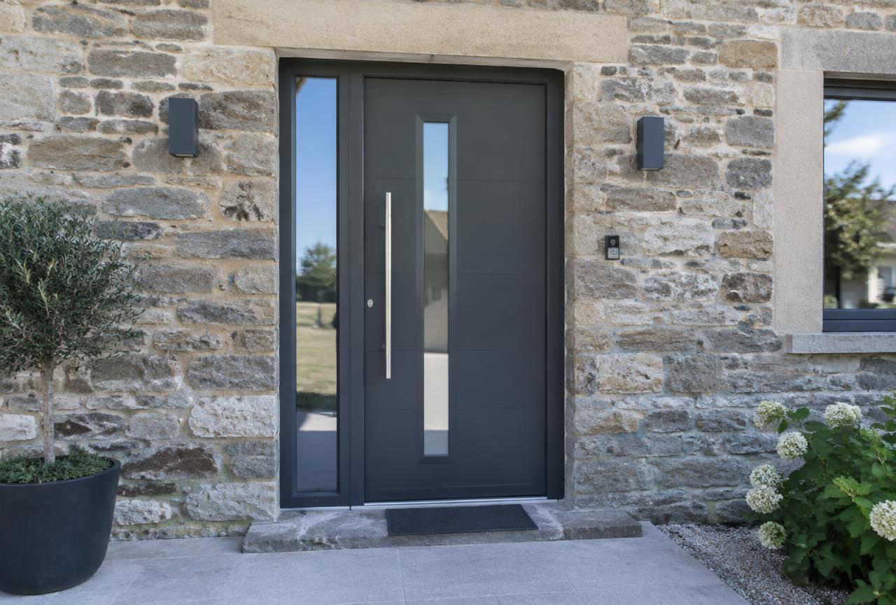 Porte d'entrée moderne en aluminium gris sur une maison en pierre