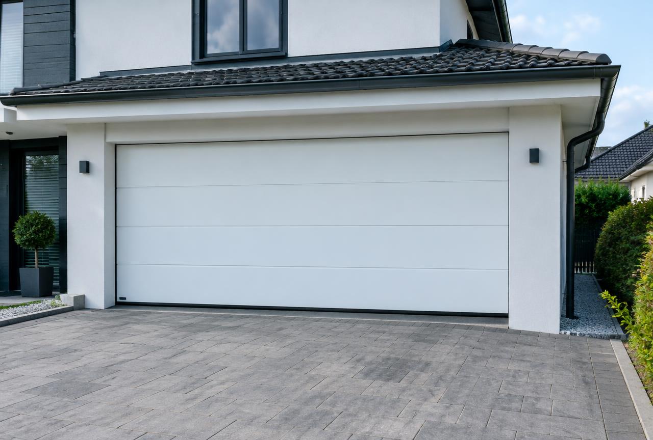 Porte de garage sectionnelle blanche sur une maison moderne