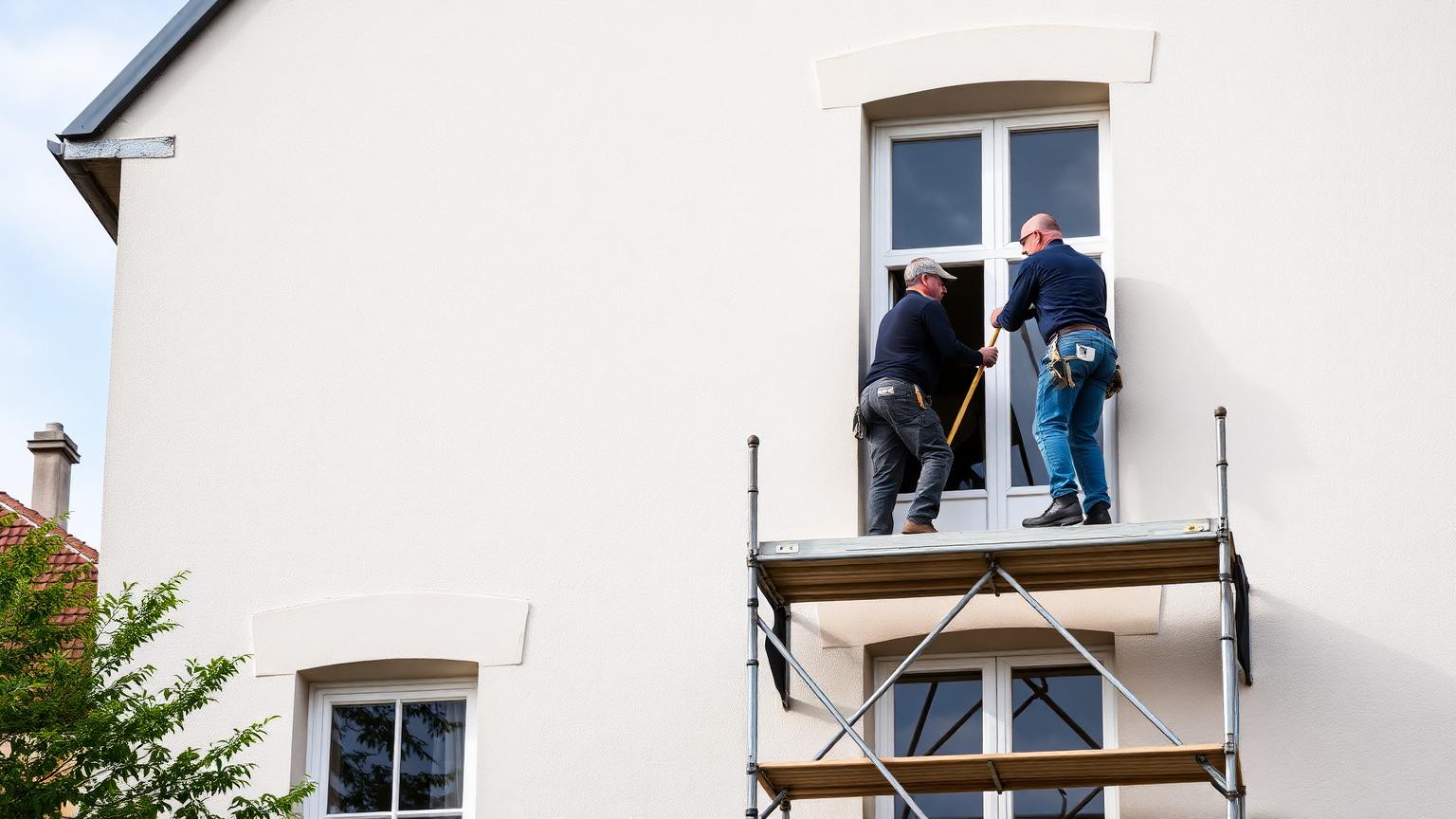 Façadiers sur un échafaudage rénovant la façade d'une maison