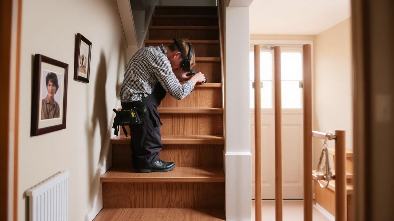 Artisan posant un habillage de marche sur un escalier intérieur