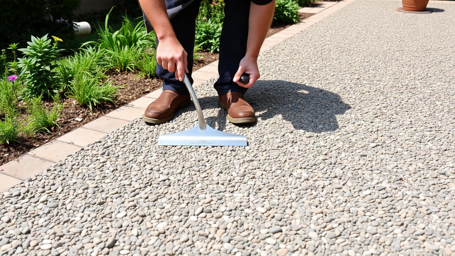 Applicateur lissant une moquette de pierre sur une allée extérieure