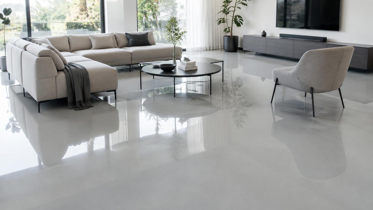 Salon contemporain avec un sol en résine époxy gris clair brillant