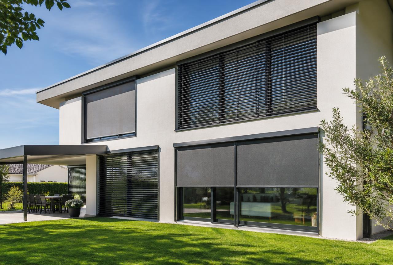 Maison moderne équipée de brise-soleil orientables et de screens verticaux