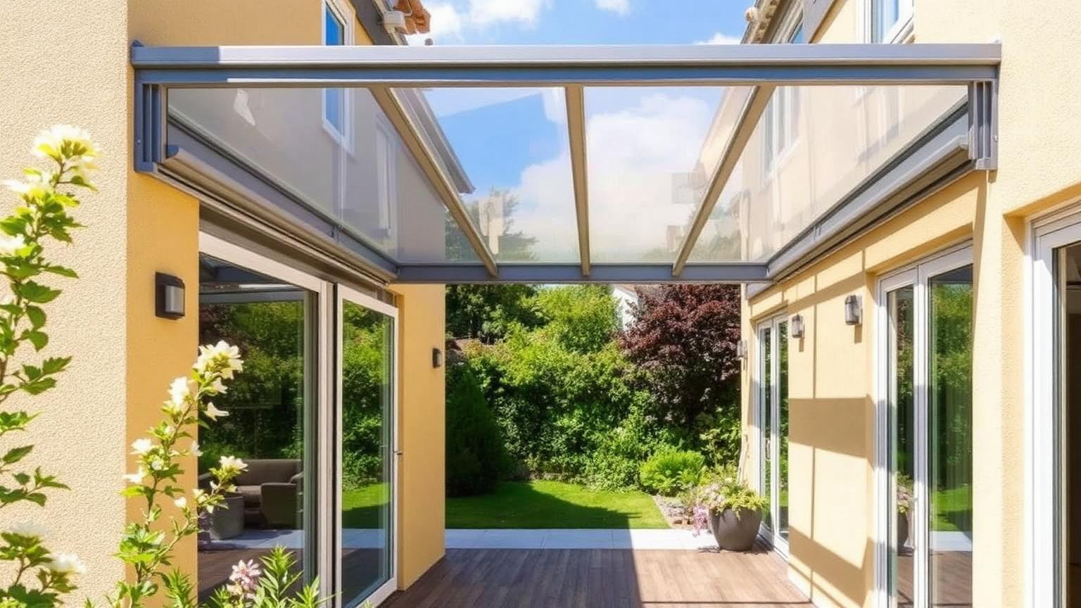 Véranda en aluminium et verre adossée à une maison avec vue sur le jardin