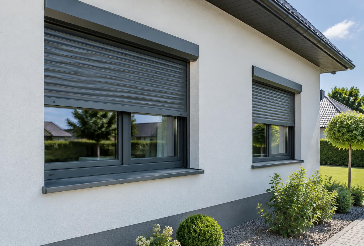 Façade de maison équipée de volets roulants gris en aluminium